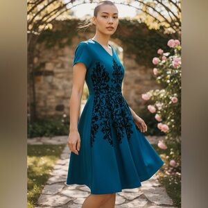 Dress Barn Teal Blue and Black Midi Dress